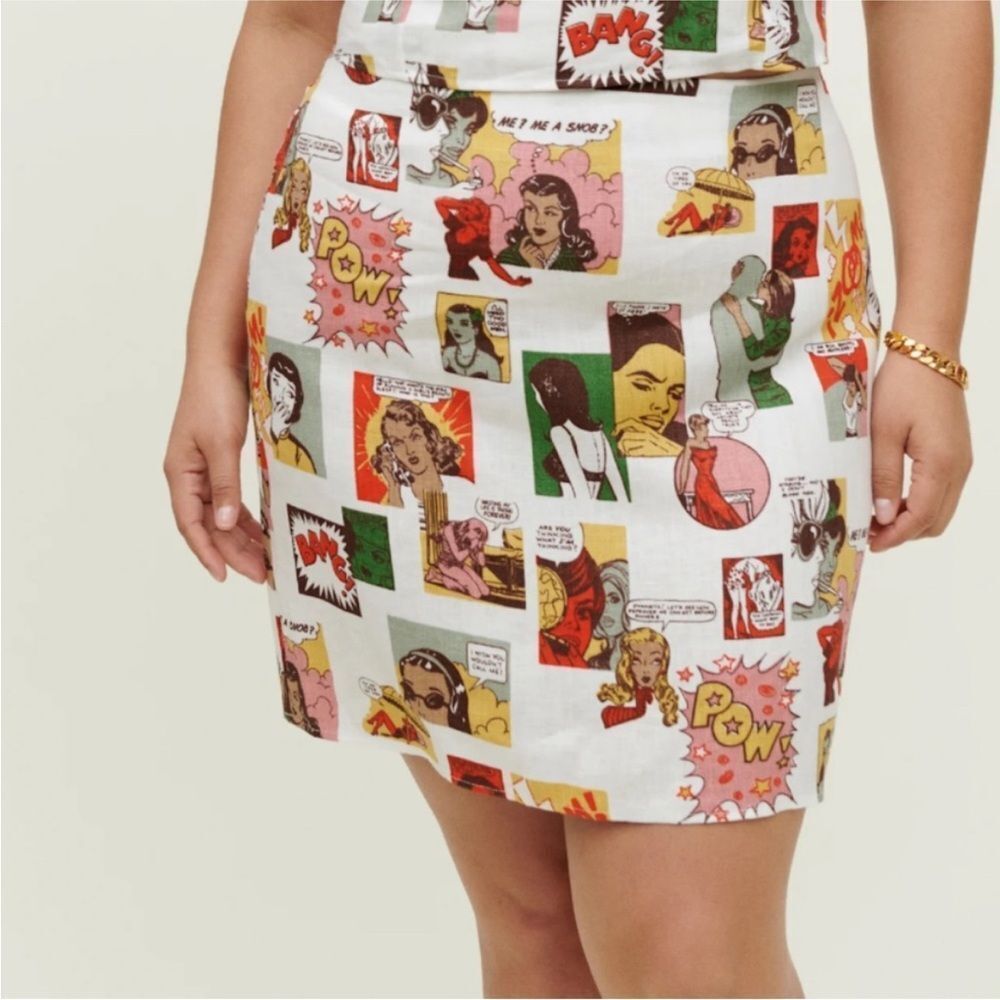 Reformation Comic Print linen  Mini Skirt - Multicolor, US4